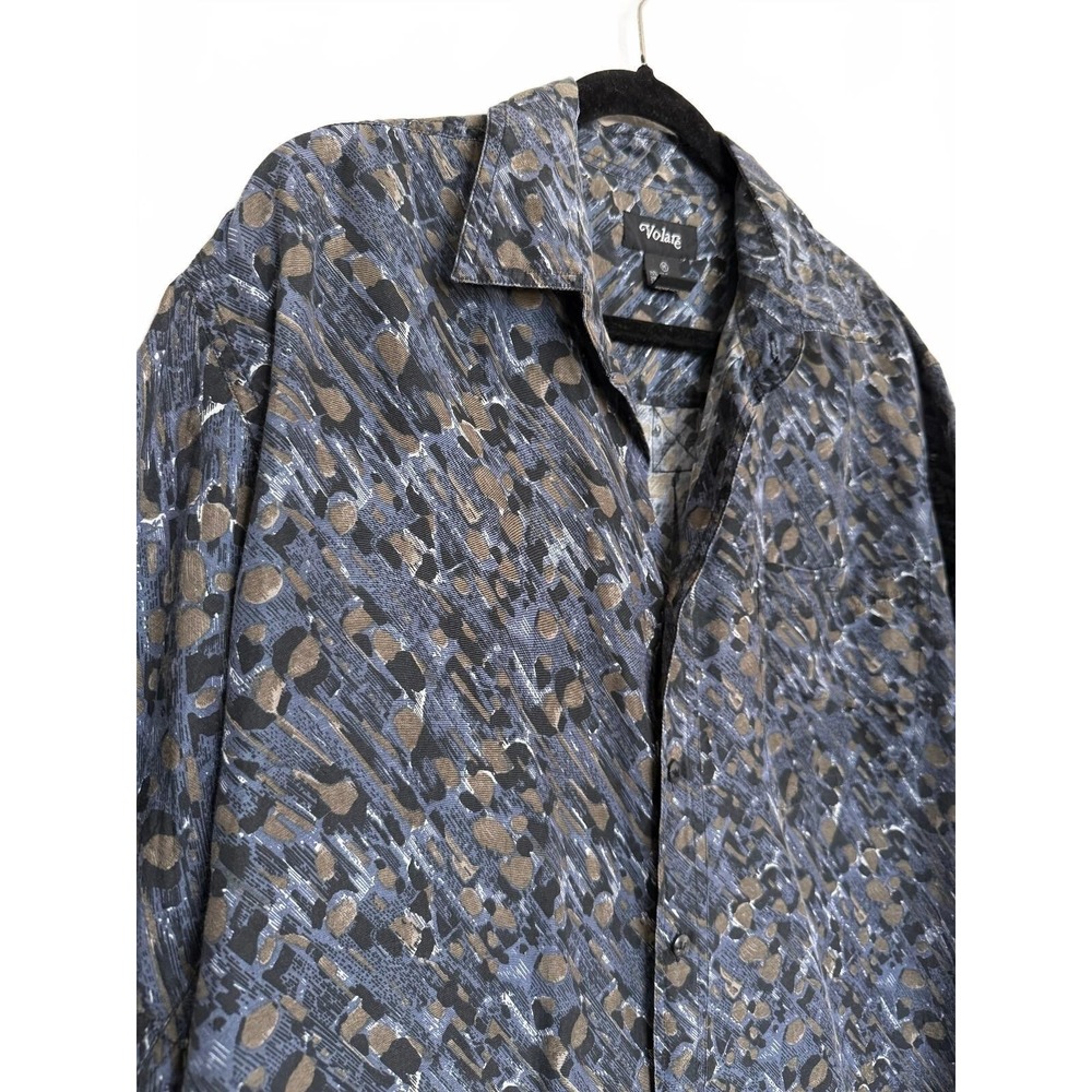90s Vintage Silk Blue Pattern Short Sleeve Button-Up Shirt Medium